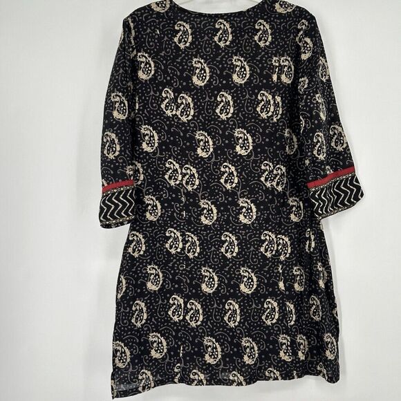 J Peterman Boho Tunic Top Black Gold Sequins Paisley Print 3/4 Sleeves Size S - Picture 8 of 12